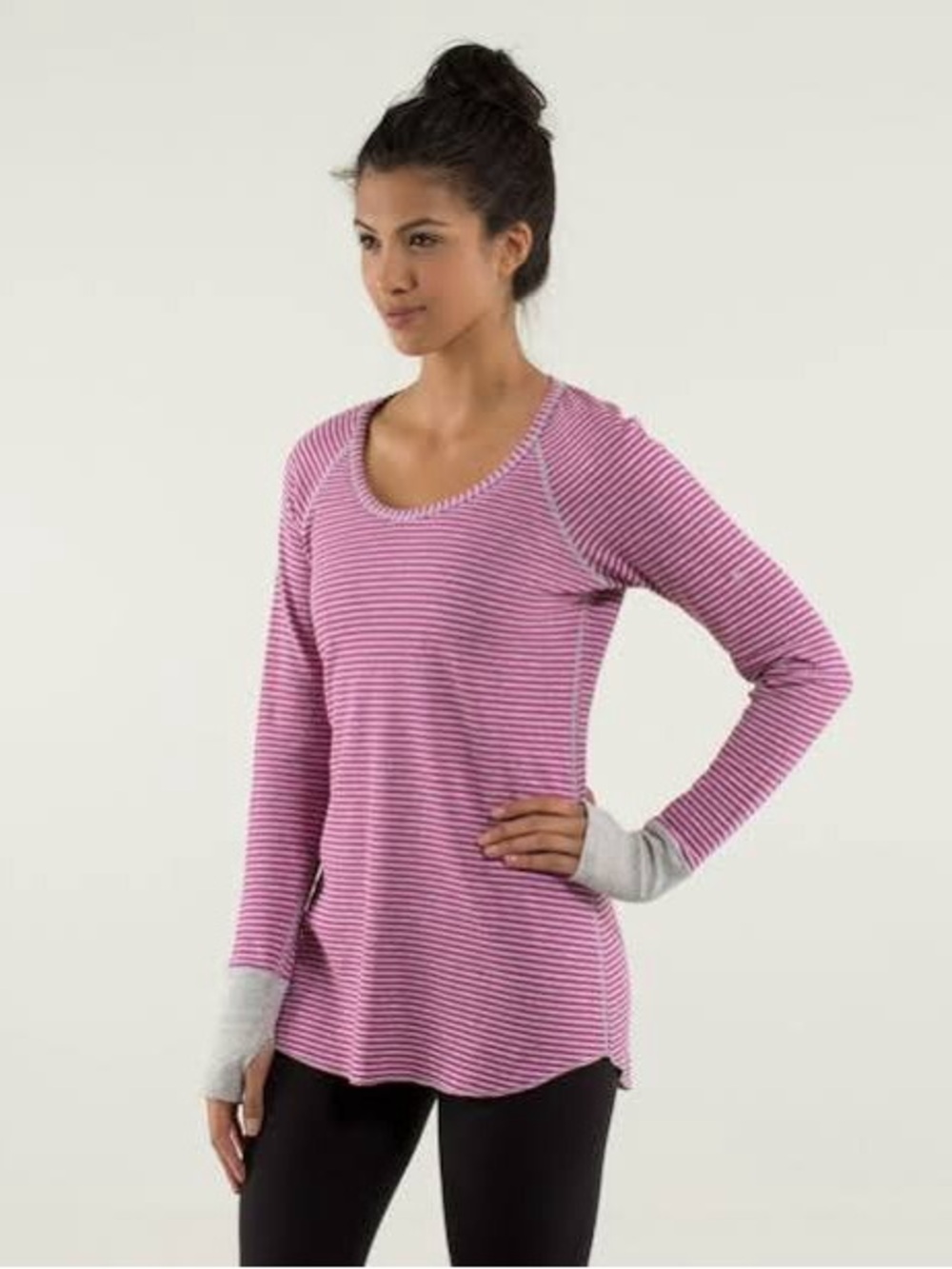 045 lululemon Pink & Grey Striped Open Your Heart Long-Sleeve Reversible